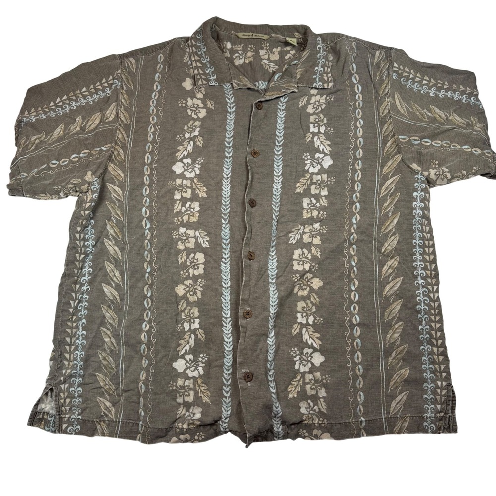 Tommy Bahama Mens XL Silk Camp SS Shirt Brown Hibiscus Floral Tropical Flaw